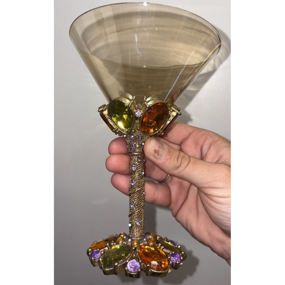 2 Saints Rhinestone GOLD Jeweled Wine‎ Glass Vintage
